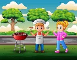 bambini che fanno barbecue in cortile vettore