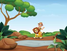 felice zookeeper ragazzo e leone vicino al piccolo stagno vettore