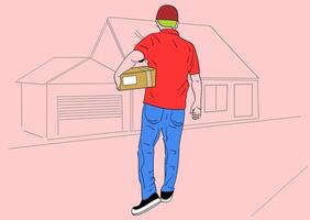 un uomo che consegna un pacco a una casa. illustrazioni di disegno vettoriale in stile disegnato a mano.