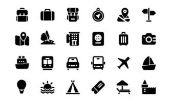 set di icone di viaggi e vacanze come uno zaino da tenda, un biglietto. adatto per l'elemento di design del sito Web itinerante e dell'app turistica. icona di viaggio in stile glifo. vettore