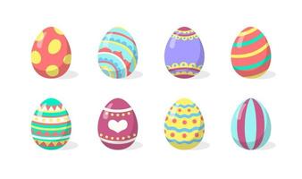 uova di Pasqua colorate dei cartoni animati con motivi divertenti. set per le vacanze di primavera per la decorazione. icone vettoriali isolate su sfondo bianco