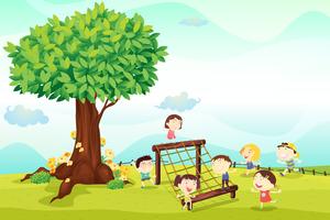 bambini che giocano sotto un albero vettore