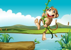 Una scimmia allegra che gioca con la pianta della vite vettore