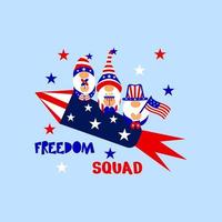 gnomi patriottici su razzo, citazione divertente squadra per la libertà. 4 luglio concetto con bandiera americana, popcorn, fuochi d'artificio, stelle. illustrazione vettoriale. stampa della maglietta del giorno dell'indipendenza, poster tipografico vettore