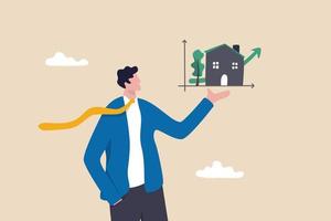 investimenti in case e proprietà, crescita dei prezzi immobiliari o grafico di calcolo dei mutui, concetto di decisione di acquistare o affittare una casa, esperienza di proprietà di un uomo d'affari intelligente che presenta un grafico dei prezzi delle case. vettore