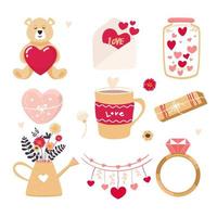 set di icone vettoriali piatte di san valentino disegnate a mano isolate su uno sfondo bianco scarabocchi di san valentino cuori, tazze, fiori, cupcakes, bevande, lettere, lucchetto, icone di messaggi