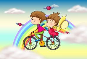 Gli amanti in sella a una bicicletta vicino all&#39;arcobaleno vettore