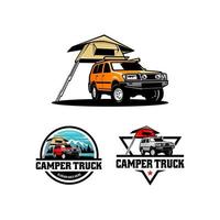 set di camper con design del logo della tenda sul tetto vettore