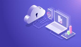 Concetto di cloud computing e cloud computing centro dati isometrici, processo di upload-download trasferimento dei dati da laptop, smartphone e tablet, server di hosting di database Vector