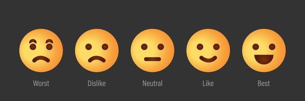servizio di scala di feedback con icone di emozioni. tasso di esperienza utente con scala di feedback. emoji gialli per il feedback dei clienti. icone peggiori, antipatie, neutre, come le migliori emozioni. illustrazione vettoriale. vettore