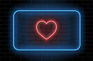 cuore al neon rosso con cornice blu per San Valentino su sfondo nero brickwall vettore