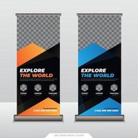 arrotolare il modello di banner. banner roll-up universale per agenzie di viaggio o compagnie aeree. pubblicità, display, pull up, x-stand, bandiera-banner vettore