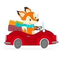 volpe rossa che guida il suo veicolo con i bagagli vettore