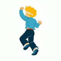 illustrazione vettoriale piatta del ragazzino in camicia blu e jeans. attività dei bambini. capelli biondi. saltare, ballare, divertirsi. illustrazione disegnata a mano. isolato su sfondo bianco. bambino felice.
