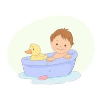 bambino in una vasca da bagno che fa il bagno e gioca con una papera di gomma vettore