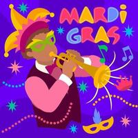carta di carnevale festa mardi gras, uomo con strumento musicale vettore
