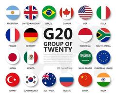 g20. gruppo di venti paesi e bandiera di appartenenza. associazione internazionale di governo economico e finanziario. design dell'elemento cerchio piatto. sfondo bianco isolato. vettore