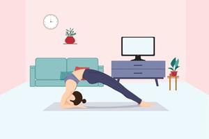 la ragazza fa yoga online a casa in tv. vettore