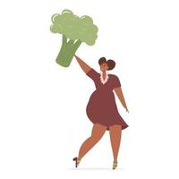 donna nera felice che tiene broccoli giganti sopra la sua testa. dieta sana e concetto di stile di vita sano. vettore