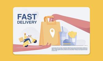 concetto di consegna di fast food il personale di consegna consegna le merci ai clienti. ricevere un sacchetto di carta di mano in mano. illustrazione vettoriale