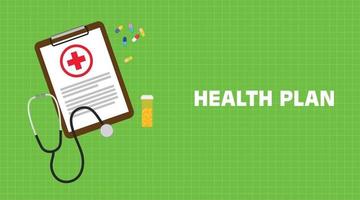 illustrazione del piano sanitario con scartoffie su clip board, uno stetoscopio, capsule e tubo vitaminico con sfondo verde vettore