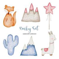 set di bellissime parti separate di vestiti, articoli per bambini e giocattoli con colori ad acqua vettore