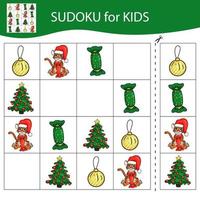 gioco di sudoku per bambini con immagini. buon Natale e Felice Anno nuovo. la tigre è un simbolo del capodanno cinese con elementi natalizi. vettore. vettore
