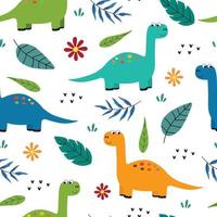 dinosauro con foglie senza cuciture simpatico cartone animato animale sfondo disegnato a mano in stile bambino design utilizzato per la pubblicazione, carta da parati, tessuto, illustrazione vettoriale tessile