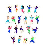 un gruppo di persone che ballano in diverse pose ed emozioni. vettore. illustrazioni di uomini e donne. stile piatto. un gruppo di adolescenti felici balla e si diverte. figura per l'imballaggio. vettore