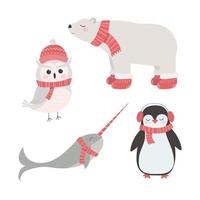 set di simpatici animali con cappelli e sciarpe invernali, pinguino, gufo delle nevi, orso polare, narvalo. concetto di natale e capodanno. vettore