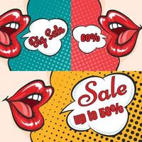 collezione di banner di vendita pop art con labbra di donna e fumetti. illustrazione vettoriale