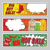 striscioni in stile fumetto di moda con scritte in vendita calda fumetti abbigliamento e accessori illustrazione vettoriale isolato