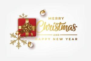 buon natale e felice anno nuovo scatole regalo rosse realistiche palle decorative stelle dorate vettore