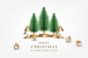 buon natale e felice anno nuovo design con realistici alberi di pino coni dorati palle decorative vettore