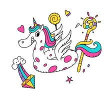 illustrazione di un magico unicorno a forma di anello di gomma. vettore. eroe dei cartoni animati carino cavallo con le ali. personaggio kawaii. creatura mitica, simboleggia la castità. adesivo per ragazze. vettore