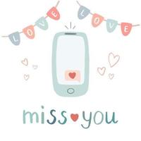 illustrazione romantica carina con ghirlanda di bandiere e telefono cellulare vettore