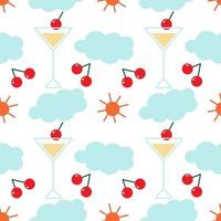 motivo multicolore senza cuciture raffigurante un bicchiere da cocktail riempito con ciliegie, sole e nuvole intorno. sfondo astratto. illustrazione vettoriale. vettore