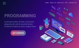 sviluppo software, linguaggio di programmazione, codifica. Pc isometrico 3d, computer con applicazione digitale isolato su sfondo bianco. disegno vettoriale