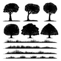 silhouette di albero e raccolta di set di erba vettore