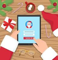 Babbo Natale accede al suo account digitale - illustrazione vettoriale design piatto