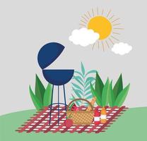 griglia barbecue cestino frutta picnic nel parco vettore