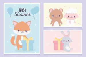 baby shower carino coniglietto volpe orso pecore scatole regalo biglietti di auguri vettore