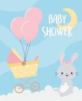 baby shower carino coniglietto carrozzina palloncini nuvole luna card vettore