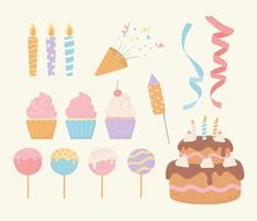 torta di compleanno cupcake gelato candele coriandoli nastro decorazione festa set vettore