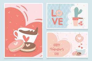 Buon San Valentino tazza di cioccolato con biscotti amore cuore cactus regali banner vettore