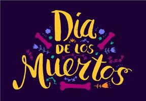 dia de los muertos, poster di vettore del giorno dei morti o carta con illustrazione di lettere di testo in spagnolo. disegnato a mano