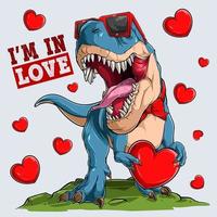 adorabile dinosauro t rex di san valentino che indossa occhiali da sole e tiene in mano un grande cuore rosso vettore