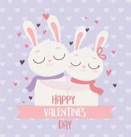 felice giorno di san valentino simpatici conigli di coppia che abbracciano lo sfondo dei cuori di amore vettore
