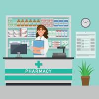 farmacia e medico farmacista. farmacista donna che tiene la prescrizione che controlla la medicina in farmacia. concetto di assistenza sanitaria. vettore