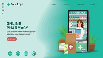 illustrazione piatta della farmacia online. app mobile per ordinare medicinali. forniture mediche, flaconi liquidi e pillole. concetto di pagina web della farmacia. vettore